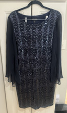Connected Apparel Navy Blue Sequin Shift Dress Long Flutter Sleeve Size 14 EUC