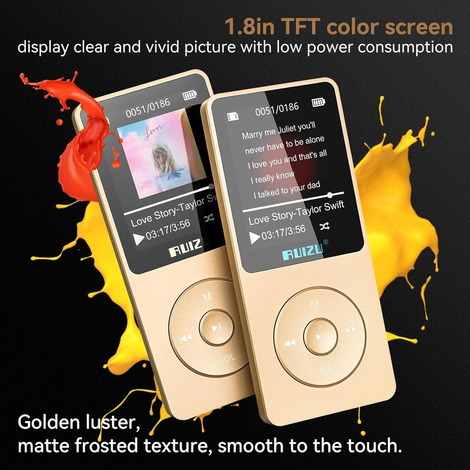 Lettore MP3 portatile a batteria Radio FM Bluetooth 5.3 32GB Display 1,8” Oro - Imagen 3 de 4