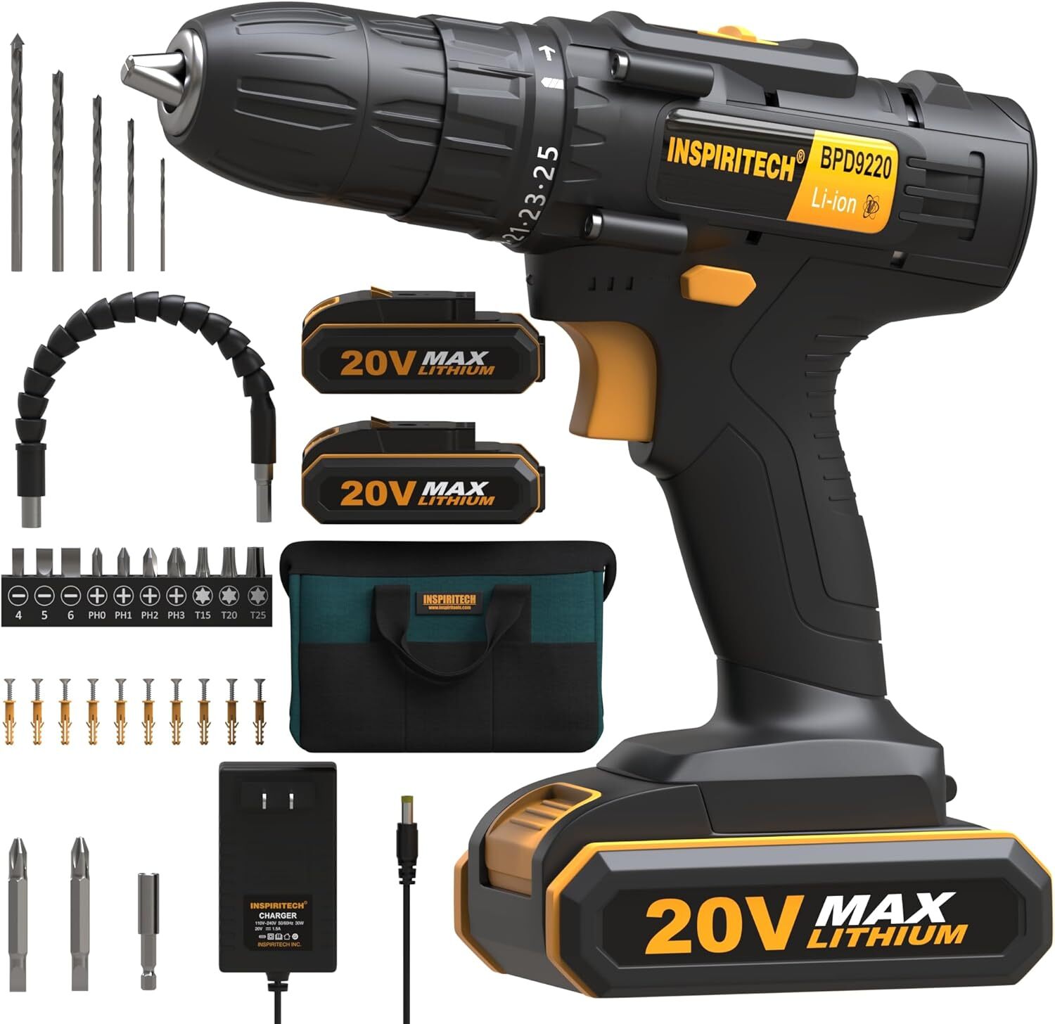 20V Cordless Drill, Power Drill Set with 2 Batteries and Charger,3/8-Inch Chuck