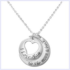 Sterling Silver I Love You to the Moon  Back Round Heart Dangle Charm Necklace