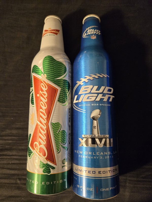 Budweiser Super Bowl & St Patty's Day Limited Edition Aluminum Bottles Set Of 2