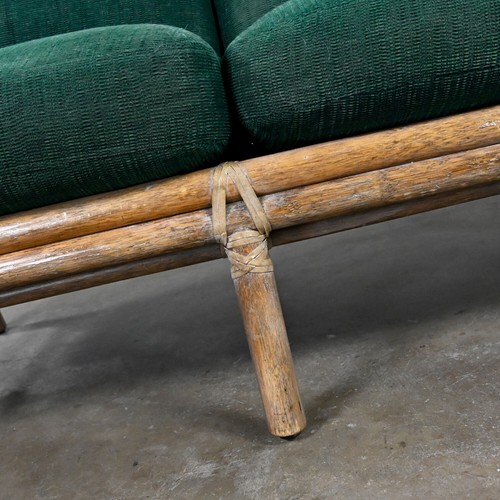 Late 20th Modern McGuire Rattan Woven Rawhide Green Chenille Cushion Sofa Settee - Picture 14 of 20