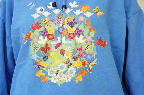 Vintage 80s-90s Birds & Wild Flower Print Drawstring Sweatshirt Cottagecore Hipp - Picture 2 of 4