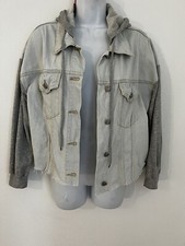 Vici Women's Blue Denim Jean Jacket Button Size S Oversize Hoodie Mixed Media