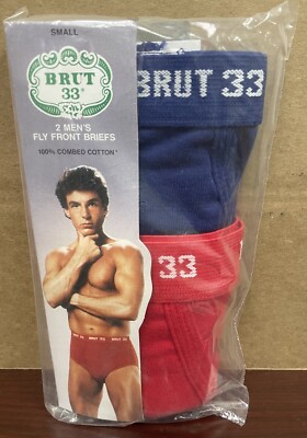 Vintage Brut 33 Size Small Fly Front Briefs NOS 2 Pair Pack Blue Red Underwear