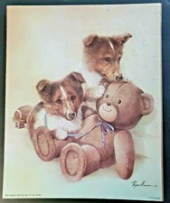 Collie Puppies with Teddy Bear Vintage Ruane Manning Litho Lithograph on Board