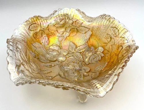 Vintage Iridescent Peach Carnival Glass Roses Ruffled Footed Candy Dish Bowl 8"