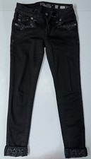 Miss Me Jeans Size 26 Waist Black Embroidered Studded Cuffed Skinny Fit Low Rise