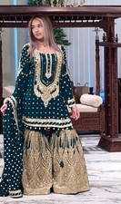 Elegant Look Teal Blue Faux Georgette Kurta Palazzo With Dupatta For Women