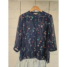 Banana Republic Floral Chiffon Blouse L Navy Blue Sheer 3/4 Sleeve Boho Top
