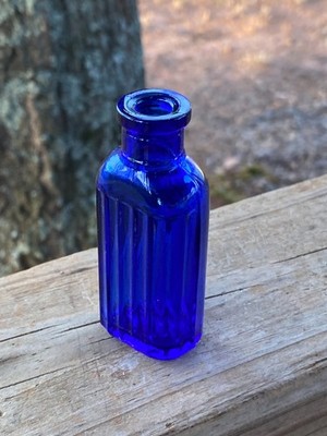 1900's POISON BOTTLE 1 oz. COBALT BLUE RIBBED 3'' HAND BLOWN NICE!