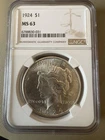 1924 Peace Silver Dollar NGC MS63 Great Condition Uncirculated Graded No Mint