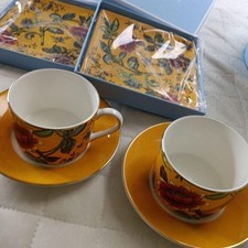 Image of Unused Wedgwood Wonderlust Yellow Tonkin Cup & Saucer & Square Plate Set of 2