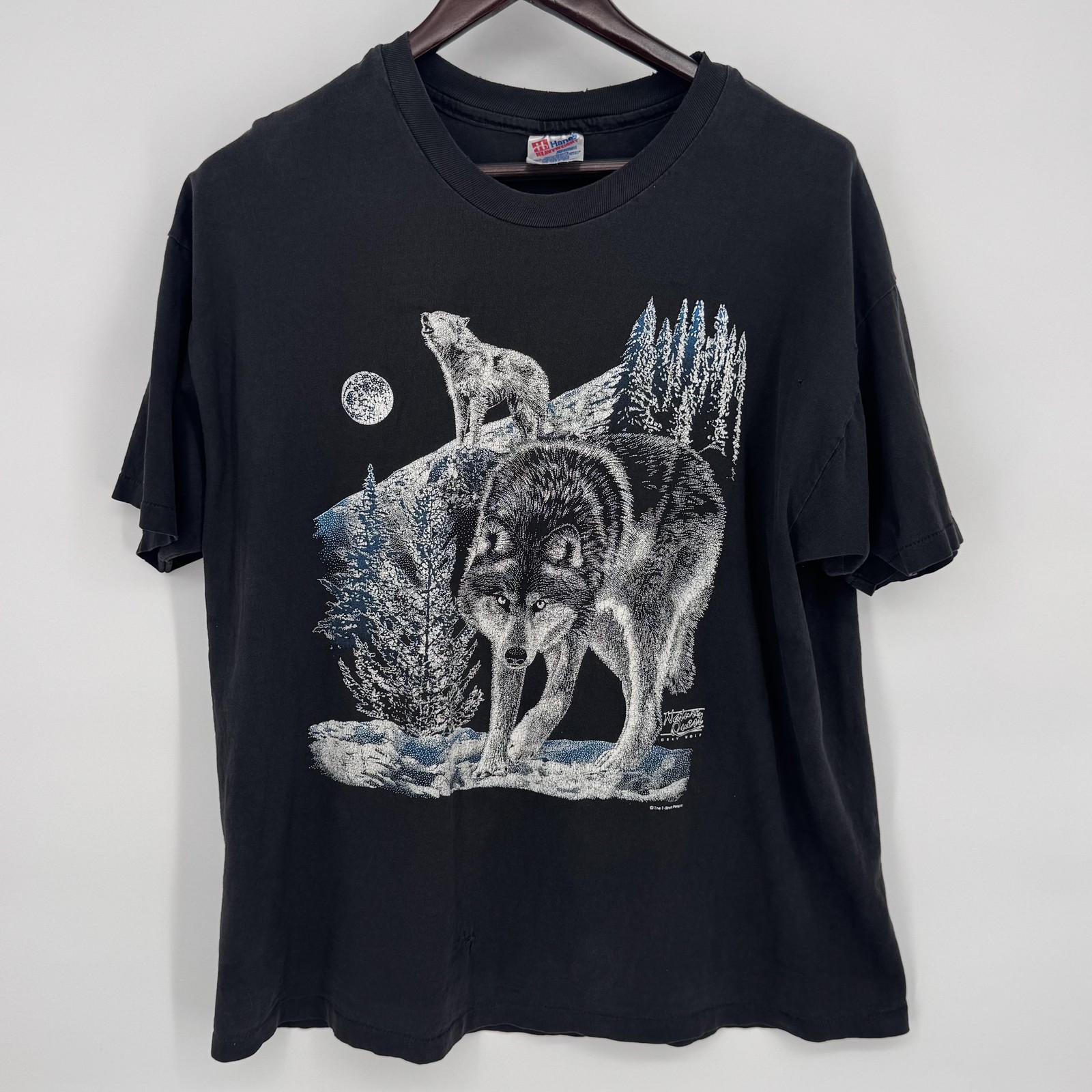Vintage Hanes Shirt Mens XL Black Nature Quest Gray Wolf Graphic 90s Tee
