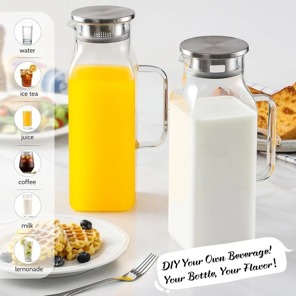 2 Pack 2 Liters/68 Oz Square Glass Pitcher with Lid and Handle for Fridge, Iced - Image 3 of 4