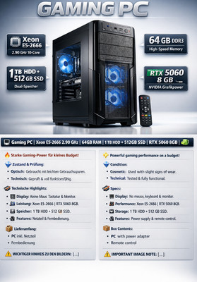 Gaming Pc | Xeon R E5-2666 2.90 Ghz | 64GB | 1 TB HDD + 512GB SSD | RTX 5060