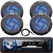 Pyle PLMRB29B Single DIN MP3 Receiver, 4x 5.25" 180W Blue LED Speakers, Antenna