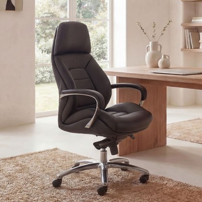 FineBuy Bürostuhl Schwarz Chefsessel Echtleder Ergonomisch XXL Drehstuhl 120 kg