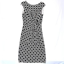 Lauren Ralph Lauren Dress Sz 8 Black White Geometric Square Knot Sheath Office
