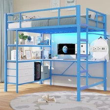 Twin Size Loft Bed with LED Lights,Charging Station,L-Shaped Desk,Fabric Drawers