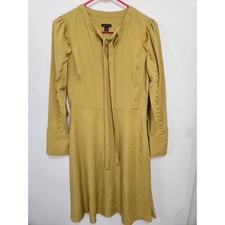 Ann Taylor Mustard Yellow Tie Neck Ruffle Shoulder Long Sleeve Fit Flare Dress 2