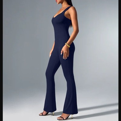Vilanva XL Navy Blue Jumpsuit Flare Leg Unitard Romper Blogger Influencer Fave