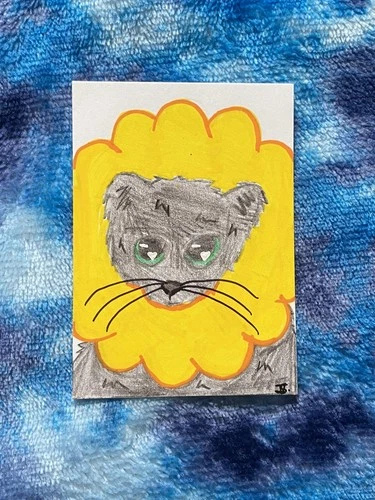ACEO Original Black Cat wearing Flower Hat done in Color pencils and Acrylic 