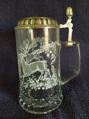 VINTAGE; F I Y E; ITALY;ETCHED GLASS,(FINE PWETER,95% TIN)LIDDED  STEIN;GERMANY