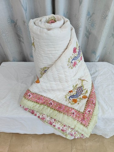 Quilt, Peacock Hand Block Print 100% Pure Cotton Cloth Quilted Throw Blanket - Foto 3 di 11