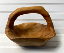 Vintage Hand Carved Burl Wood Basket with Handle Natural Rustic Decor