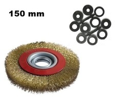 SPAZZOLA IN ACCIAIO OTTONATO PER MOLA DA BANCO 150 mm CON SET ADATTATORI