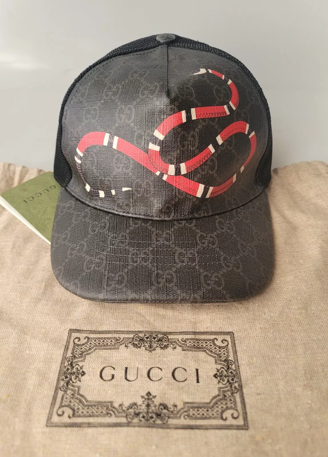 Casquette de baseball noir gris Gucci Kingsnake GG logo suprême M 58 cm unisexe neuve avec étiquettes 