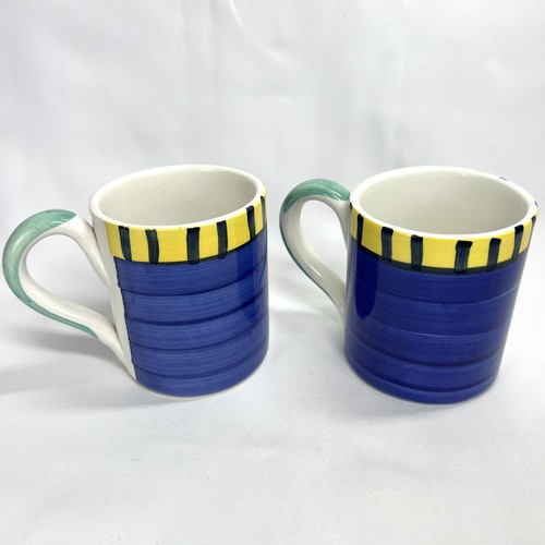 Set 2 Pier 1 Coffee Mugs Made In Italy Hand Painted Blue Yellow Green