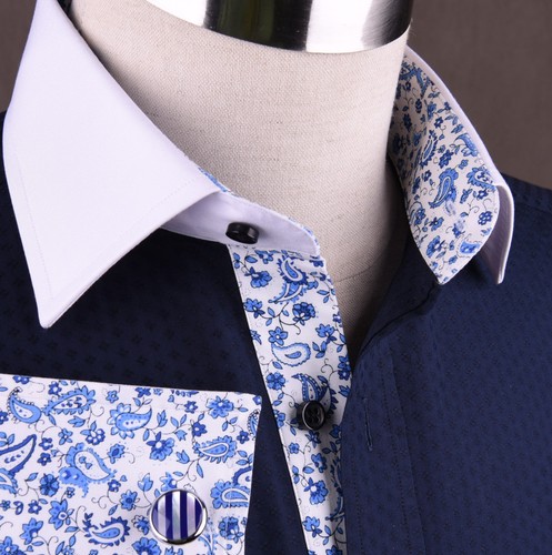 Sexy Navy Blue Diamond Fade Dress Shirt Formal Business Contrast Paisley Fashion - Picture 4 of 8