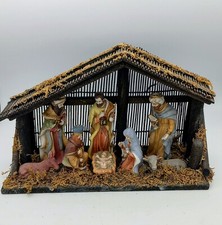 Vintage 9 Piece Set Christmas Nativity Scene Wood Manger Stable Ceramic Figures