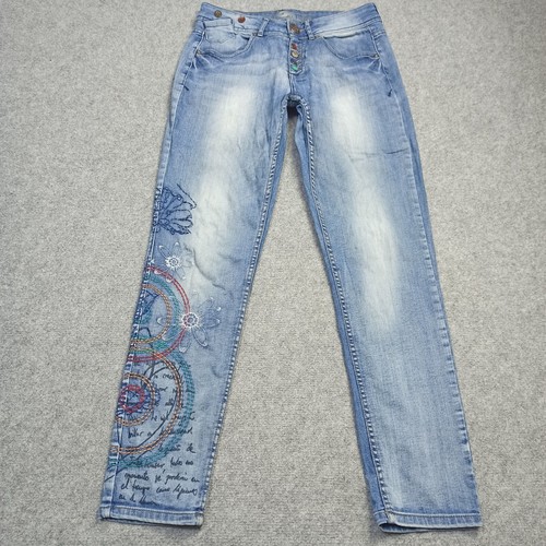 Desigual Womens Boyfriend Jeans Size 27 L30 Blue Straight High Rise Embroidered
