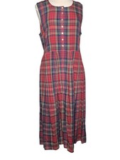 Talbots Petite 14P Madras Button Front Shirtdress Rayon Pleated Skirt Pockets