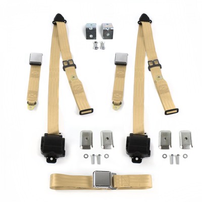 Early Cars 1928 - 1932 Airplane 3pt Tan Retractable Bench Seat Belt Kit w/ Brack
