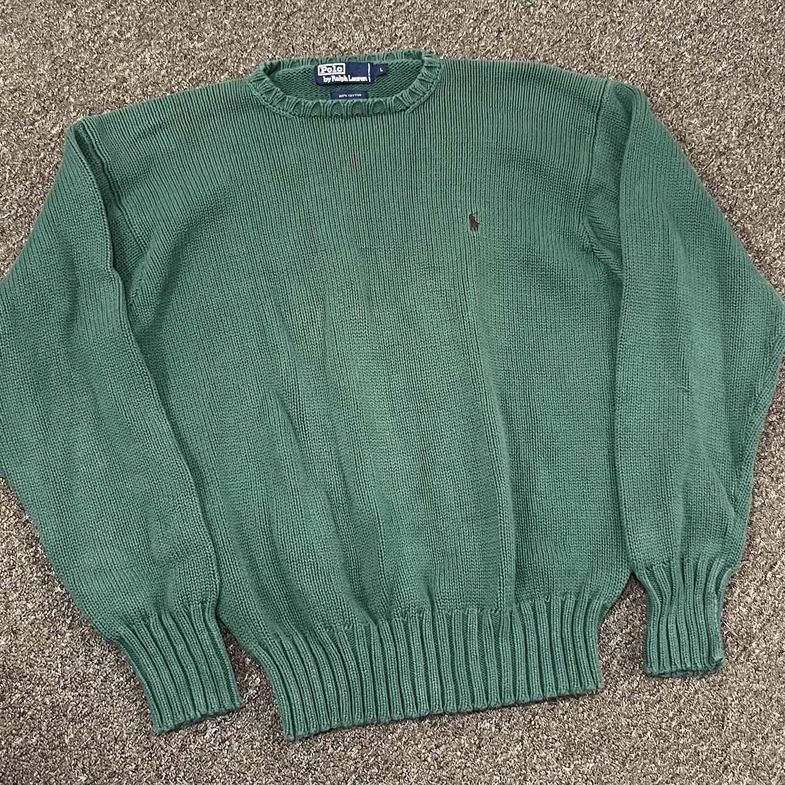 VTG Polo Ralph Lauren Knit Sweater Mens L Green 90s Pullover Crewneck Pony Y2K