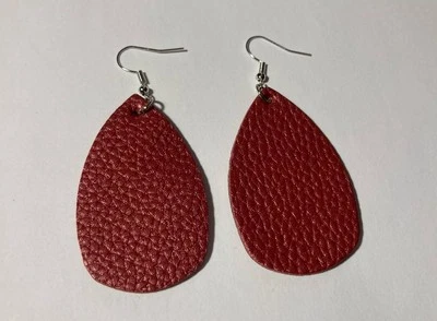 Burgundy Red Faux Leather & Silver Teardrop Lightweight Handmade 2.5" Earrings - Image 1 of 4