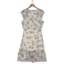 Charlotte Russe Faux Wrap Dress Womens Large Cream Floral Ruffle Hem Chiffon