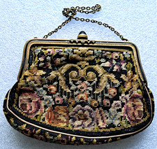 Vintage Petit Point Purse/Bag Small Floral Glass Clasp Ornate Frame to Purse