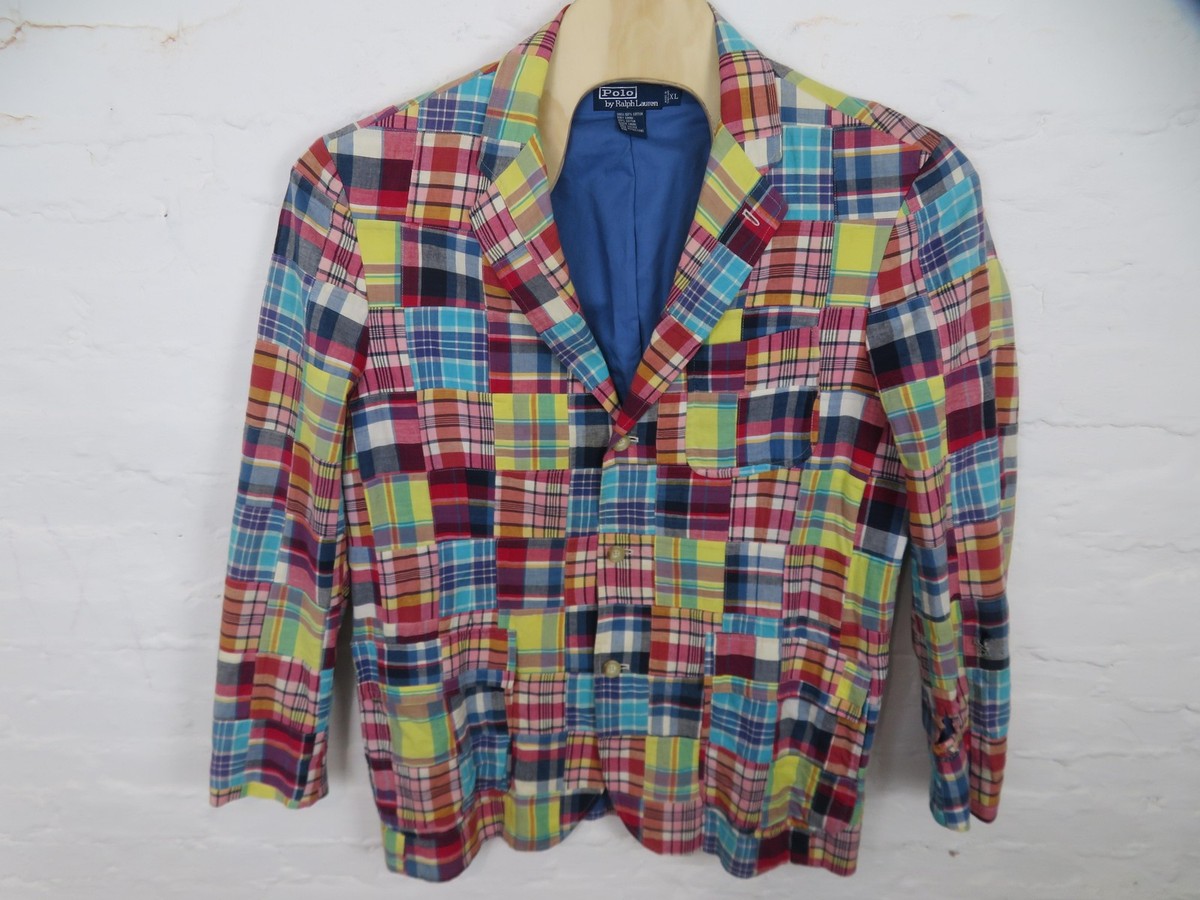 Vtg Polo Ralph Lauren Blazer Mens XL Multicolor Patchwork Madras