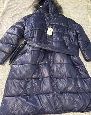 GGleaf Navy Puffer Long  Coat with Fur Hood and Belt 2XL  new with tags