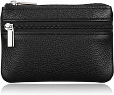Black Small Leather Coin Purse Change Pouch for Women Men Kids with Zip Key Ring
