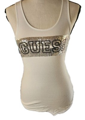 Guess White Tank Top W/Guess In Sequins Sevy Women's SZ XS 90,s Y2K,Retro,