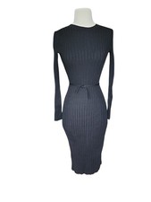Quince Cotton Cashmere Ribbed V-neck Midi Womens Dress XS Black Minimalist Knit