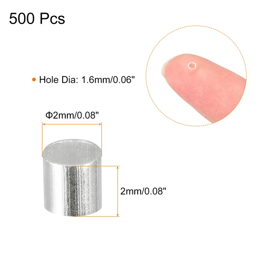 500 piezas cuentas de tubo de prensado de 2x2 mm para fabricación de joyas cuentas espaciadoras de extremo de prensado, plateadas Foto 2 de 4