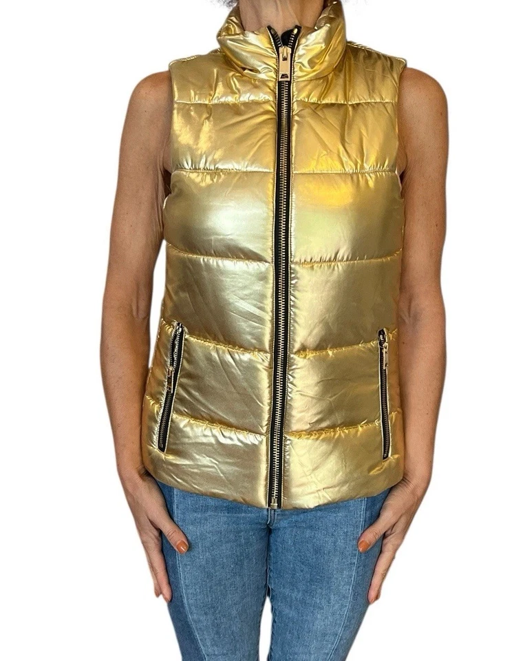 WOMEN'S MICHAEL MICHAEL KORS METALLIC GOLD SLEEVELESS PUFFER VEST FULL ZIP XS - Image 4 of 4