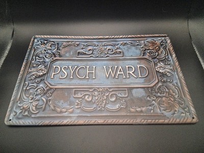 Vintage Metal Psych Ward Plaque Blue Bronze Floral Wall Mounted Medical Decor